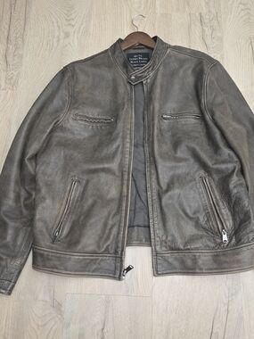 Lucky Brand Men's Distressed Brown Leather Bomber Jacket